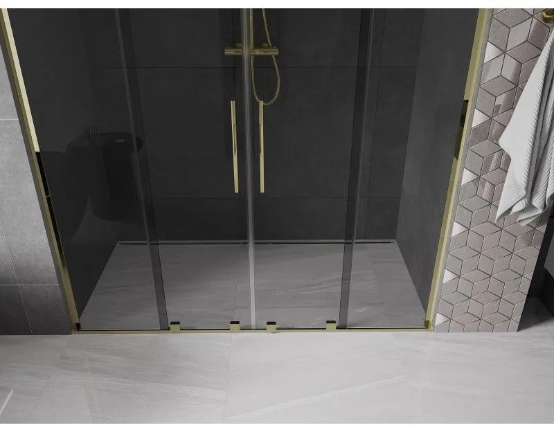Mexen Velar L Duo, posuvné sprchové dvere do otvoru 200 cm, 8mm šedé sklo, zlatá lesklá, 871-200-003-42-50