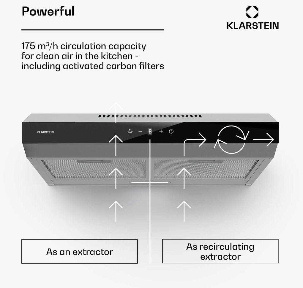 Klarstein Contempo Neo, digestor, podskrinkový, recirkulácia, 175 m³/h, SenseControl, integrované dotykové ovládanie