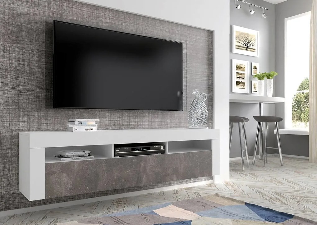 TV stolík/skrinka Moderno (biela + betón). Akcia -20%. Vlastná spoľahlivá doprava až k Vám domov. 1124838