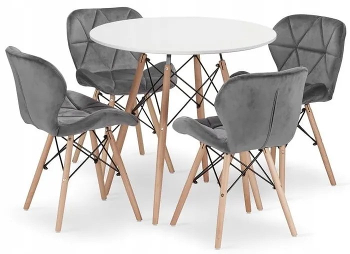 Jedálenská zostava TODI 80cm okrúhly stolový set biely + 4 stoličky LAGO sivé