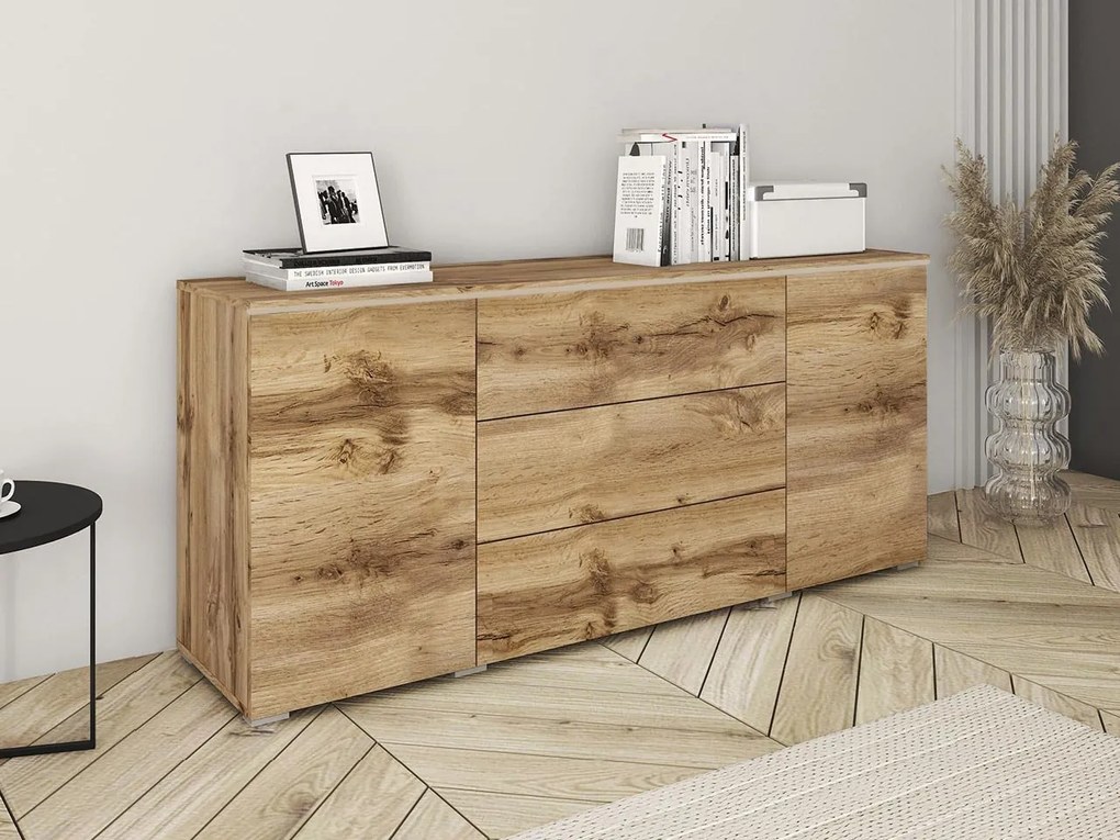 Komoda Sawoti 150, Farby: matera / biely lesk, Osvetlenie: osvetlenie LED biele