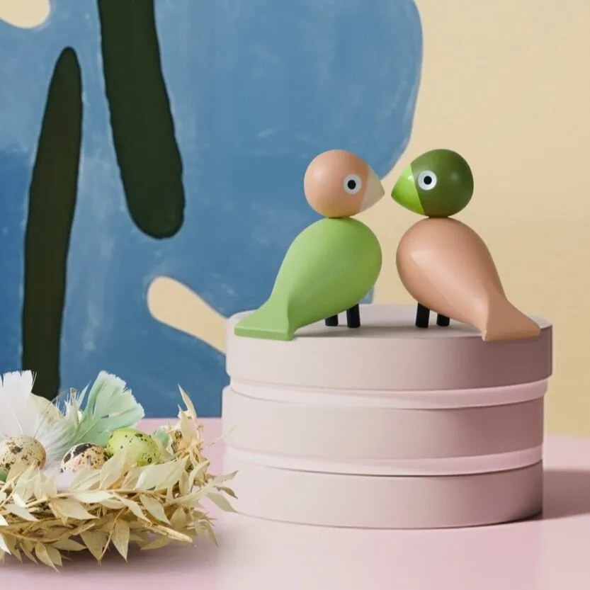 Kay Bojesen Drevený vtáčik Lovebirds Light Green / Rose – sada 2 ks
