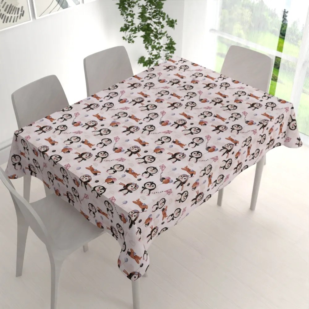 Biante Detský bavlnený obdĺžnikový obrus Sandra SA-647 Tučniačiky s hnedými lietadielkami na bielom 100x140 cm