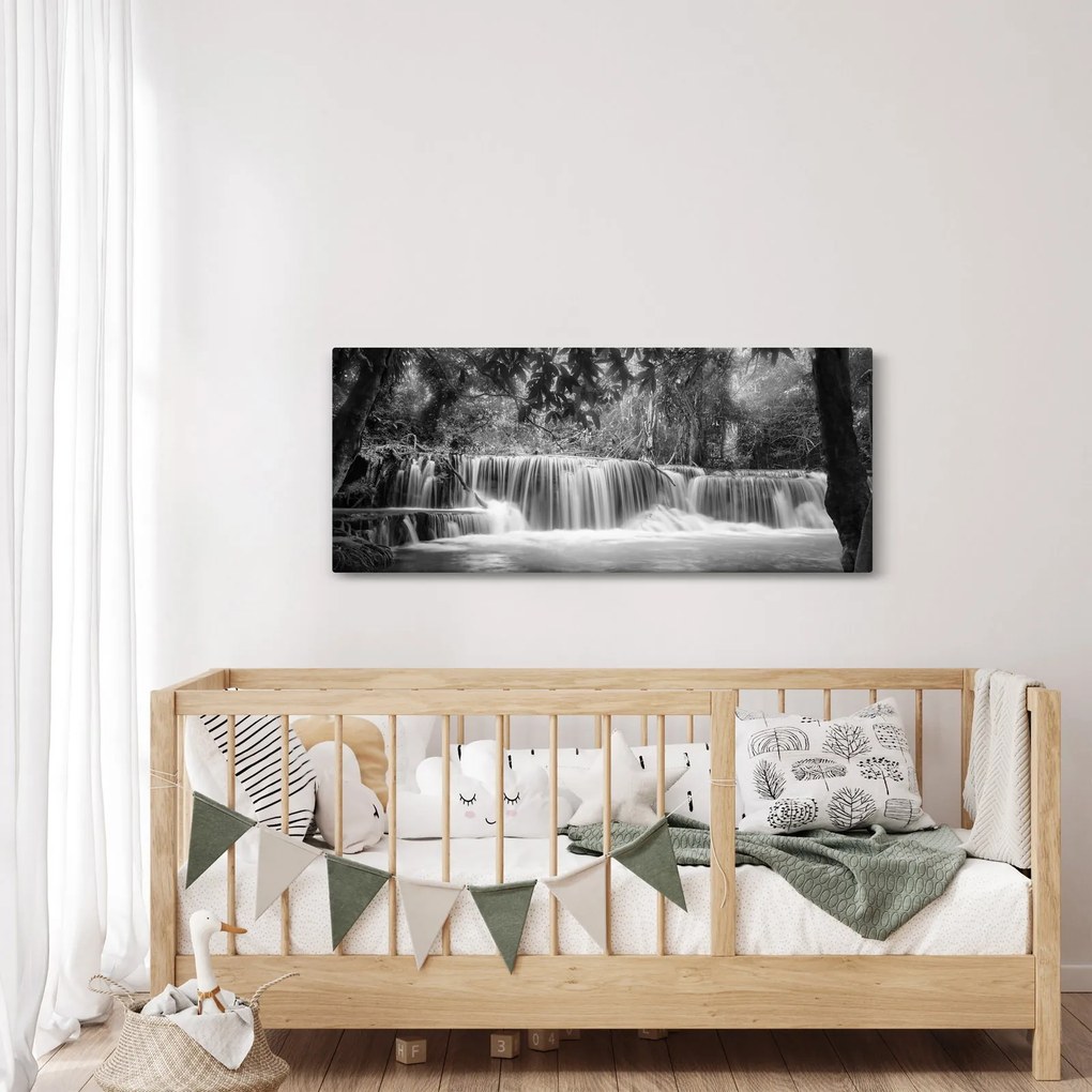 Obraz - Čiernobiely vodopád (120x50 cm)