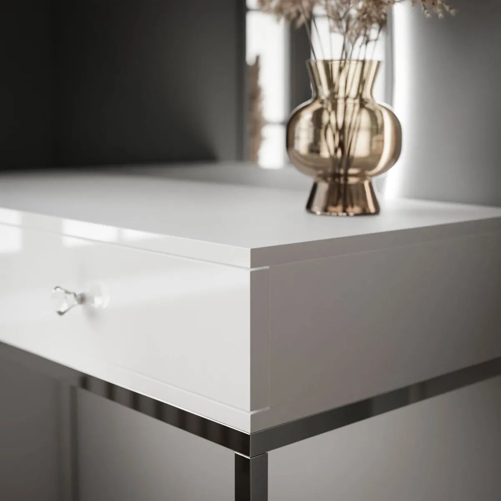 TOALETNÝ STOLÍK EMELINE BIELY LESK + CHRÓM LED ZRKADLO PRAVE