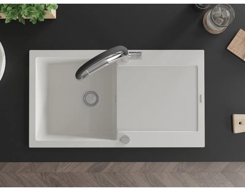 Mexen Leo, 1-komorový granitový drez 900x500x190 mm a drezová batéria Duo, biela, 6501-20-671701-07