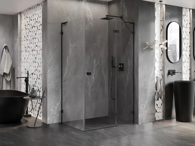 Mexen Lunar L, pravý výklopný sprchový kút 70 x 90 cm, číre sklo, čierny profil, 834L-070-090-70-00-P