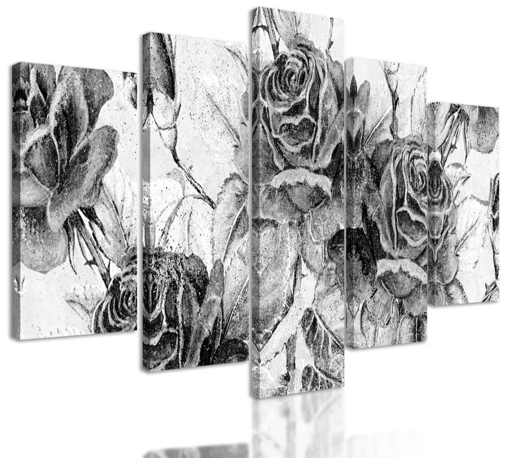 5-dielny obraz divé ruže v čiernobielom prevedení
