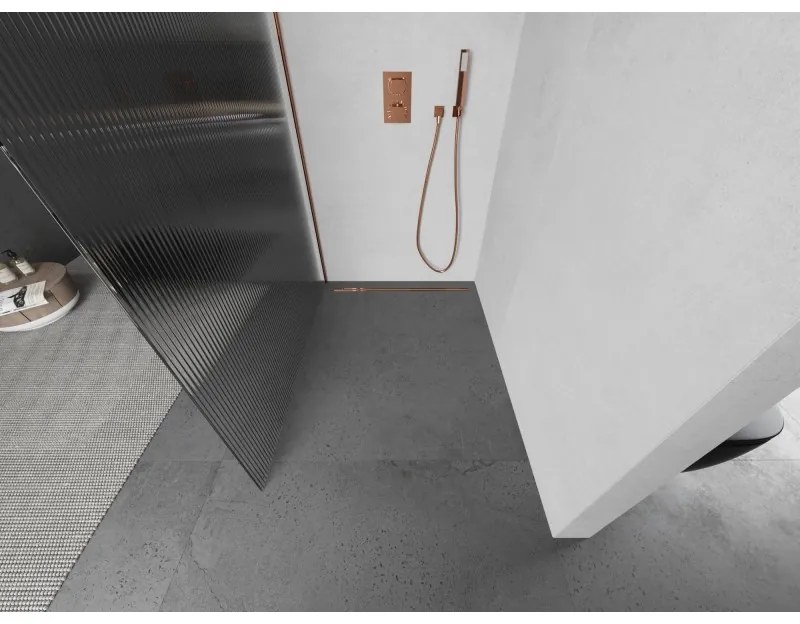 Mexen Kioto L, sprchová zástena Walk-In 90 x 200 cm, 8mm sklo s rebrovým vzorom, ružové zlato profil, 800-090-103-60-09