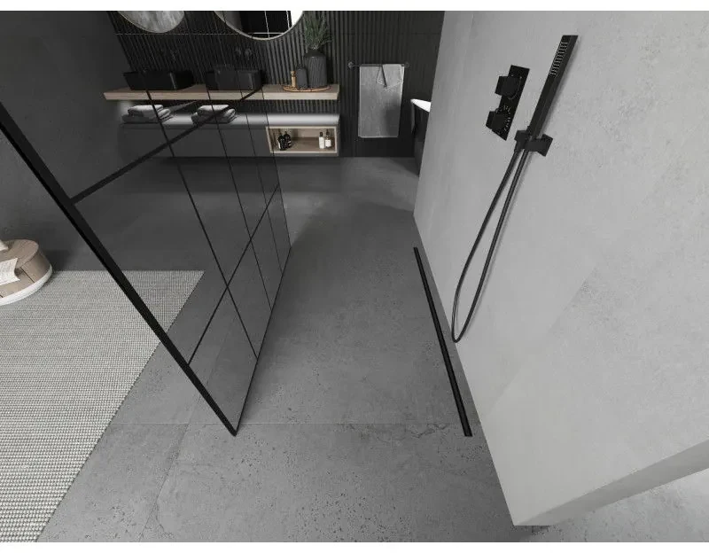 Mexen Kioto, priechodná sprchová zástena 130 x 200 cm, 8mm sklo číre/čierny vzor, 2x čierna stabilizačná rozpera, 800-130-002-70-77
