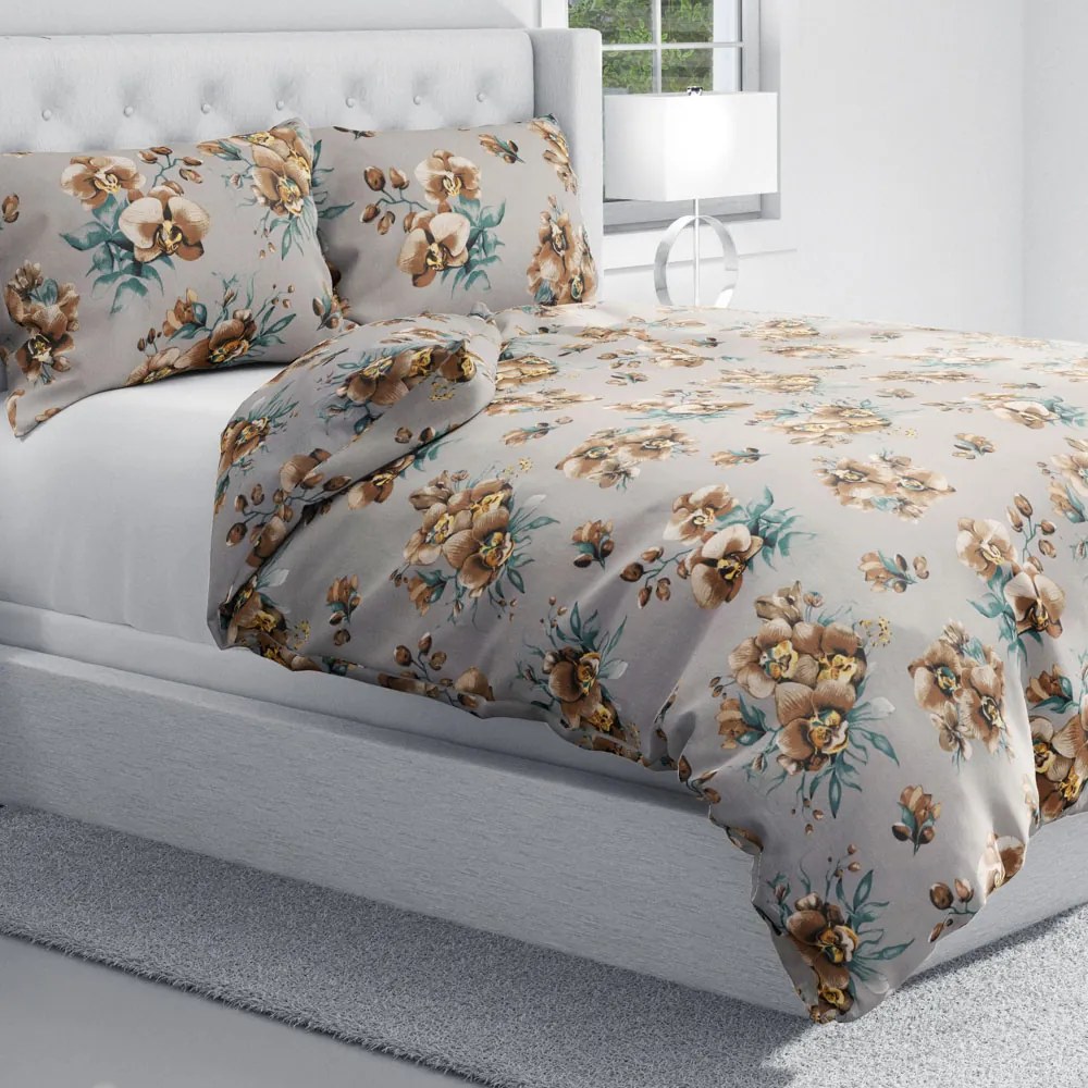 Biante Bavlnené posteľné obliečky Sandra SA-622 Hnedé orchidey na sivom Predĺžené 140x220 a 70x90 cm