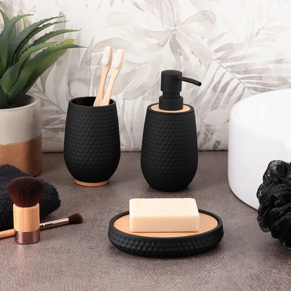 Sada kúpeľňových doplnkov Tova, čierna/s drevenými prvkami