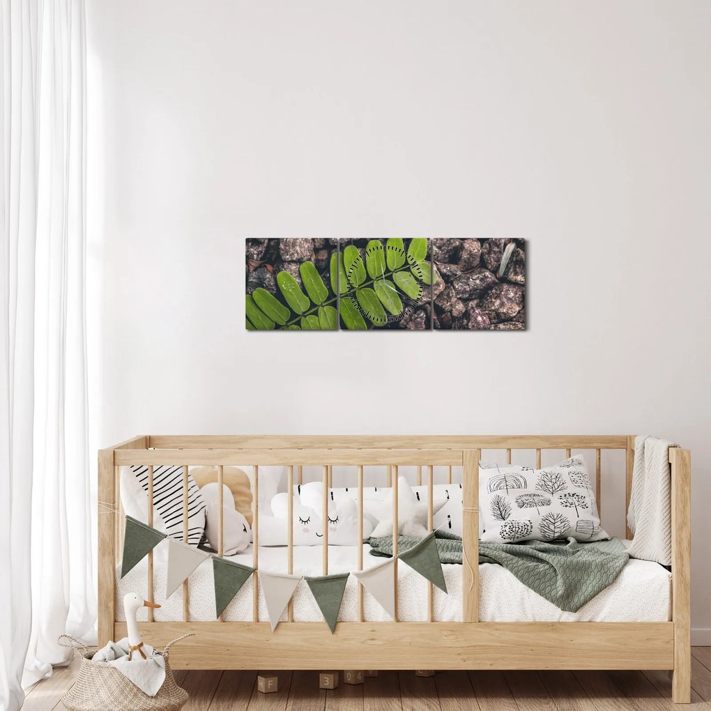 Obraz zelenej rastliny (s hodinami) (90x30 cm)
