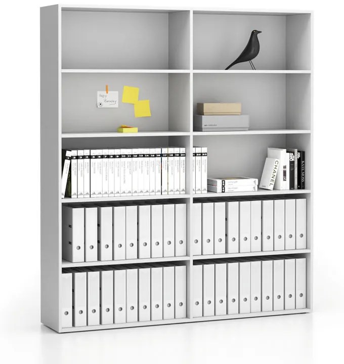PLAN Dvojitý vysoký kancelársky regál SEGMENT, 8 políc, 1660 x 350 x 1880 mm, biela