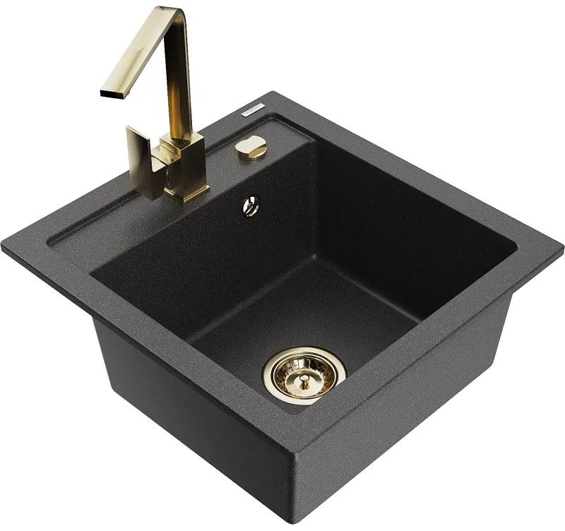 Mexen Vito, 1-komorový granitový drez 520x490x210 mm, zlatá batéria Rita, čierna škvrnitá, 6503-76-670300-50