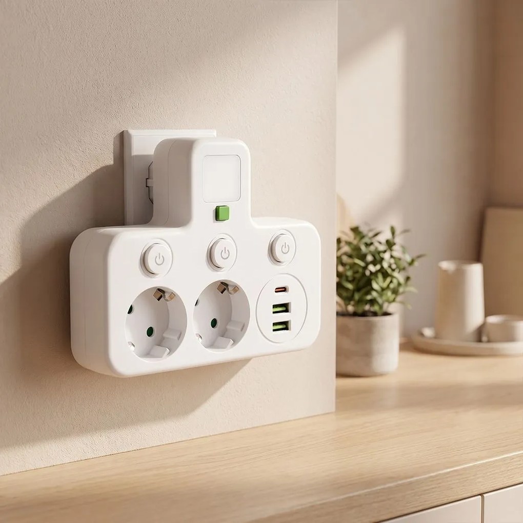 Toolight Toolight, JNH017, zásuvkový rozbočovač 2 zásuvky + 2× USB-A + USB-C s LED svetlom, biela, OSW-56309
