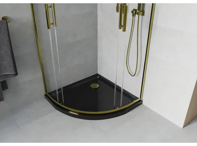 Mexen Rio, štvrťkruhový sprchovací kút s posuvnými dverami 90(dvere) x 90(dvere) x 190 cm, 6mm číre sklo, zlatý profil + čierna sprchová vanička SLIM, 863-090-090-50-00-4170G