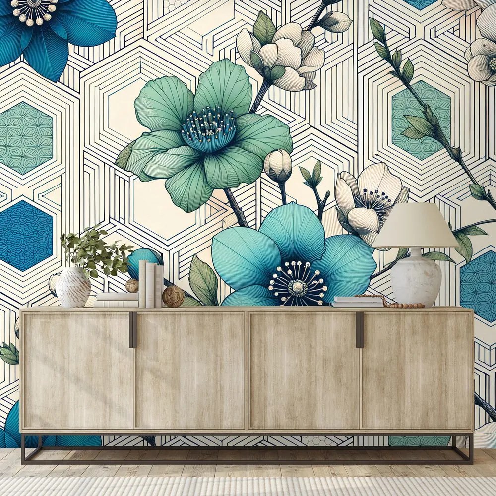 Tapeta modré kvety s geometrickým pozadím