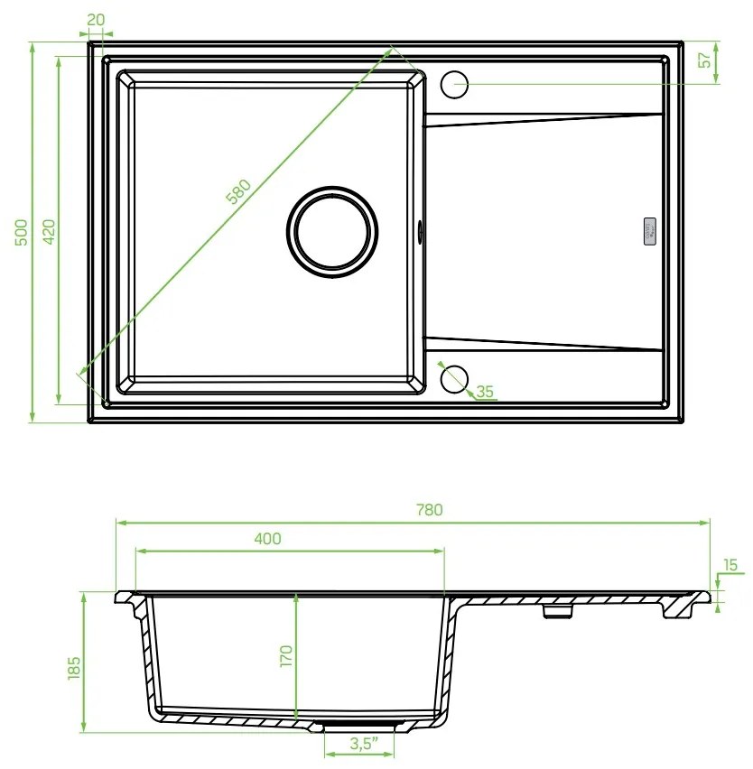 Laveo Megalo, 1-komorový granitový drez 780x500x185 mm + drezová batéria BKZ_468, béžová, LAV-SBEA411T