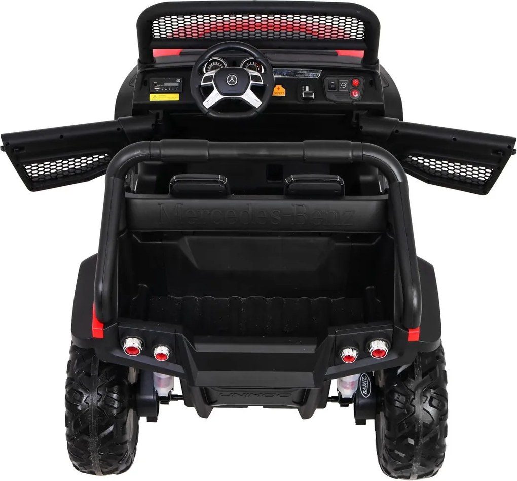 Ramiz Mercedes Benz Unimog pre deti Červený + 4x4 + diaľkové ovládanie + nosič batožiny + pomalý štart + MP3 LED