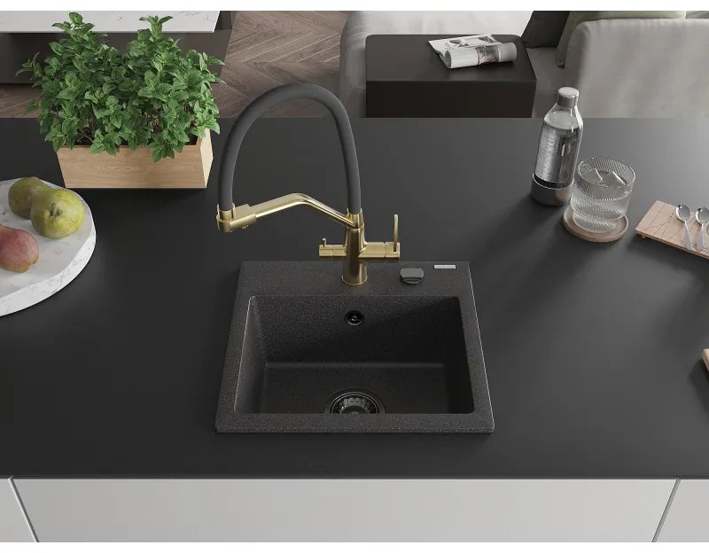 Mexen Milo, granitový drez 435x410x171 mm, 1-komorový a drezová batéria Duo, čierna škvrnitá, 6505-76-671701-57-B
