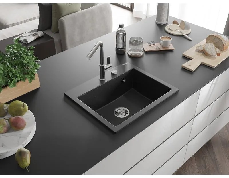 Mexen Oscar, 1-komorový granitový drez 580x490x205 mm, čierna-strieborná metalíza, 6519581000-73