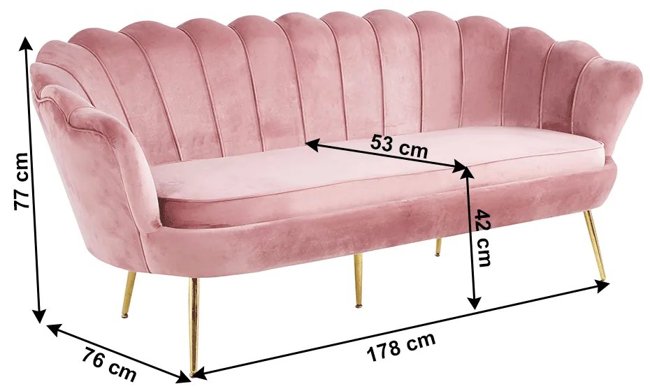 Luxusná pohovka, 3-sed, ružová Velvet látka/chróm zlatý, štýl Art-deco, NOBLIN