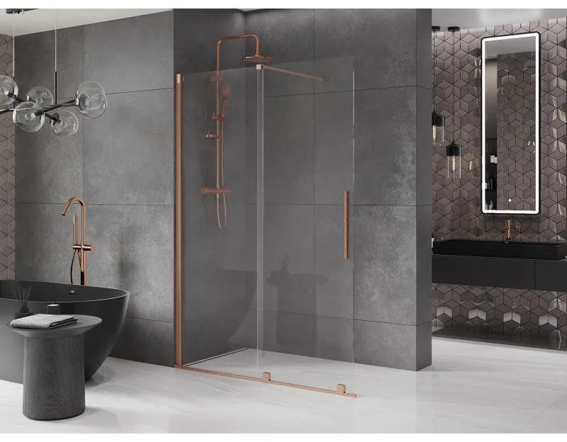 Mexen Velar, posuvné dvere do otvoru typ Walk-In 150 cm, 8mm číre sklo, medená matná, 871-150-000-03-65