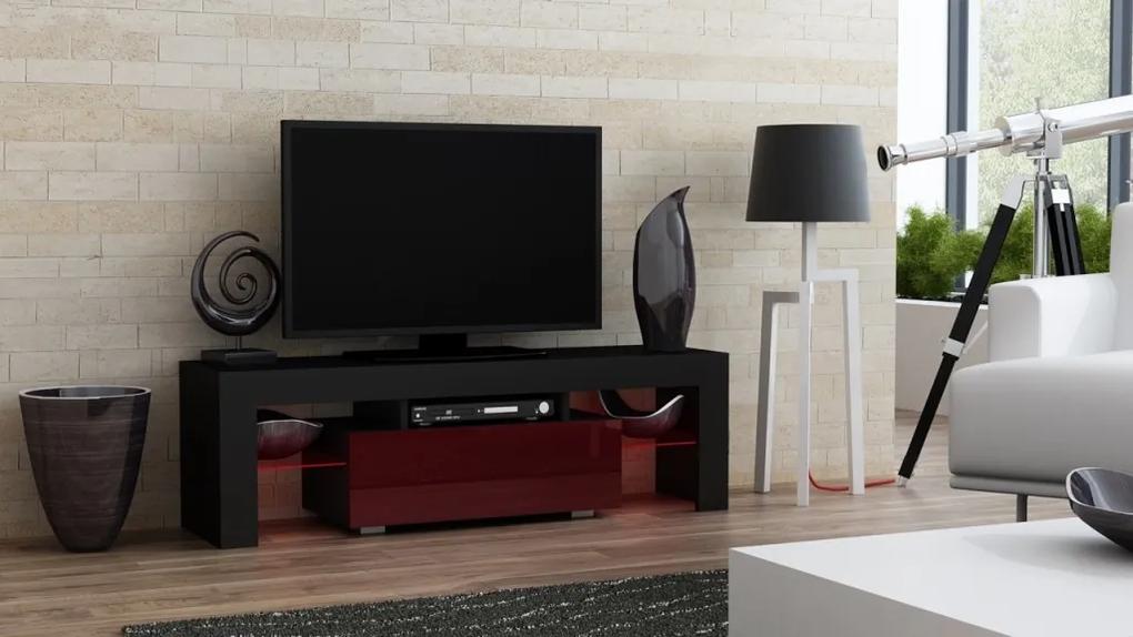 Mazzoni TV stolík MILANO lesklý 130 LED čierna, burgund zásuvka