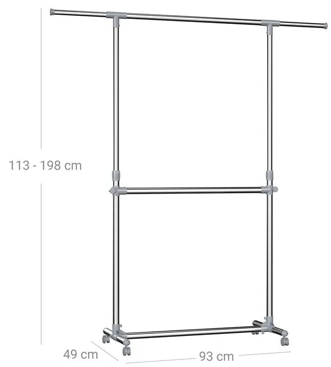 SongmicsHome Stojan na oblečenie dvojstupňový JASON 93x49x113-198cm, strieborná