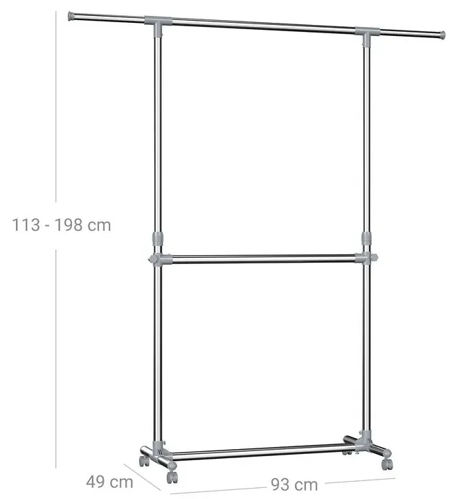 SongmicsHome Stojan na oblečenie dvojstupňový JASON 93x49x113-198cm, strieborná