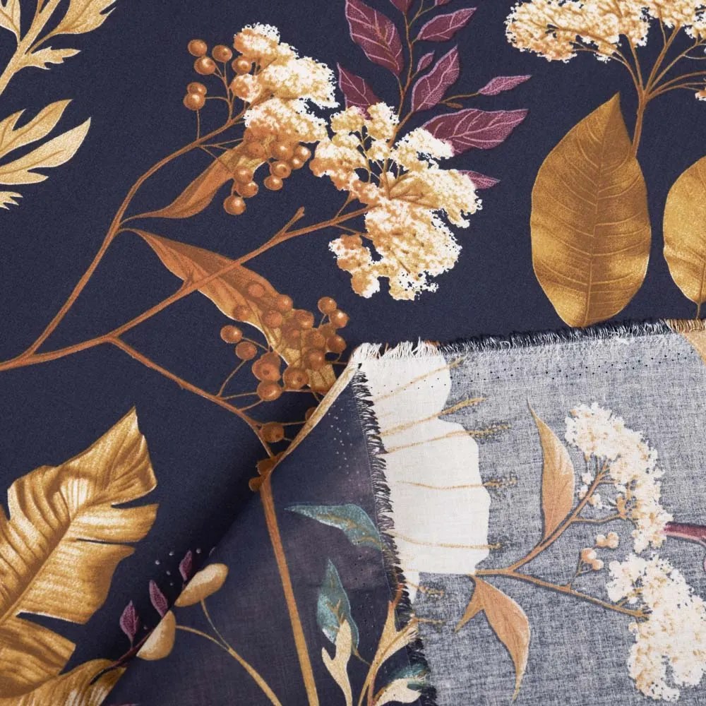 Biante Bavlnený záves Sandra SA-591 Jesenné vetvičky na tmavo modrom 150x170 cm