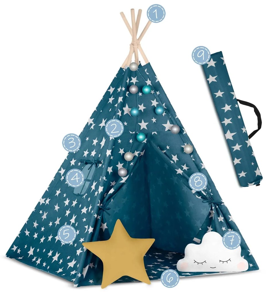Detský stan Tepee so svetlami Nukido - modrý