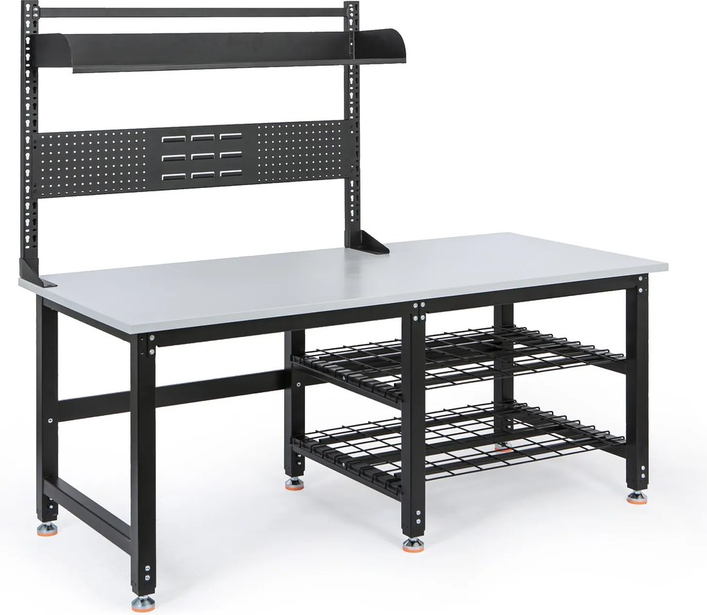 Výškovo nastaviteľný baliaci stôl PROFI, 1800 × 900 × 790–940 mm s nadstavbou a policami