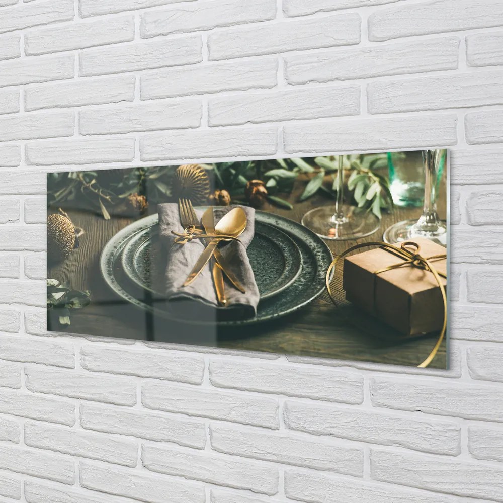 Obraz na akrylátovom skle Tanier príbory ozdoby darčeky 120x60 cm