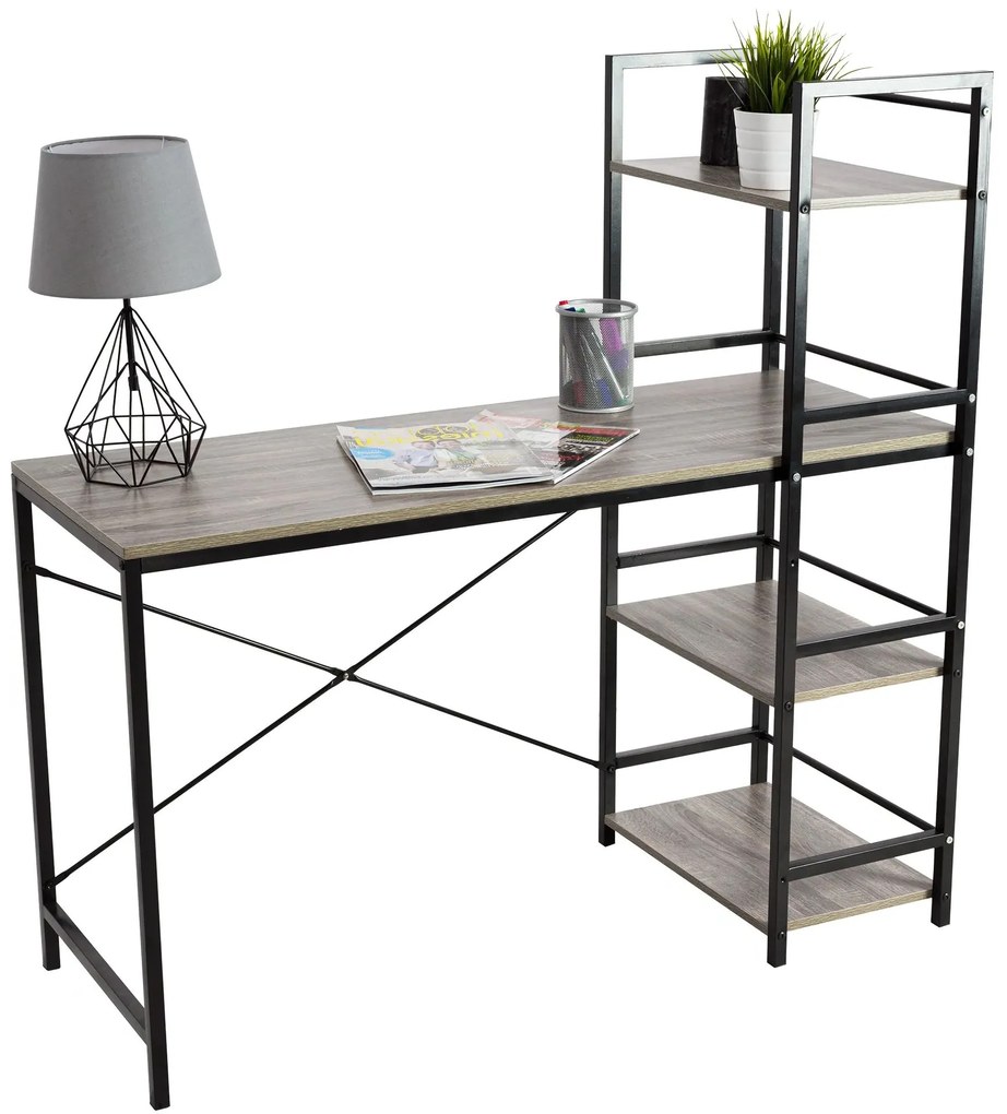 Tutumi Tutumi, priemyselný pracovný stôl s regálom 120x49x120,5 cm, čierna-dub, MEB-06000