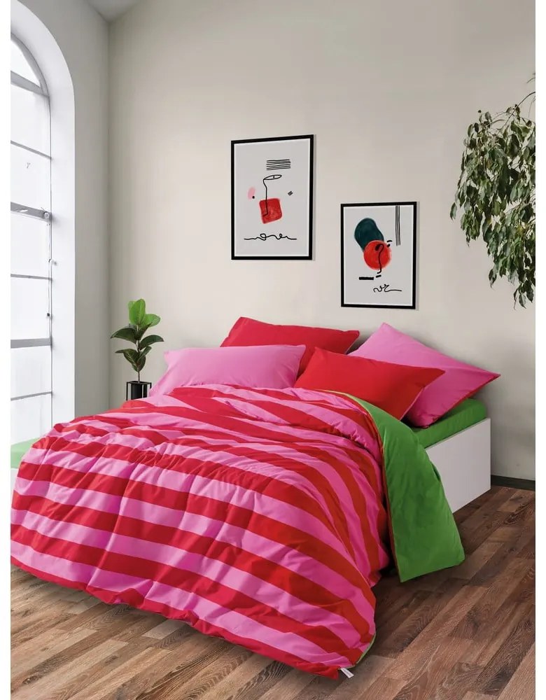 Zelené/ružové obliečky na dvojlôžko/predĺžené z bavlny Renforcé s plachtou/4-dielne 200x220 cm Cherie – Mijolnir