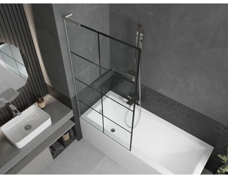 Mexen Next L, 1-krídlová vaňová zástena 90 x 150 cm, 6mm číre sklo-čierny vzor, 6mm číre sklo, profil brúsená oceľ, 895-090-000-03-77-97