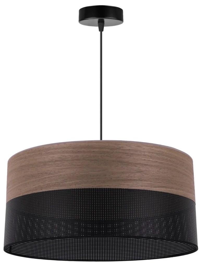 Závesné svietidlo Wood, 1x hnedá orechová dýha/čierne PVC tienidlo, (fi 44cm)