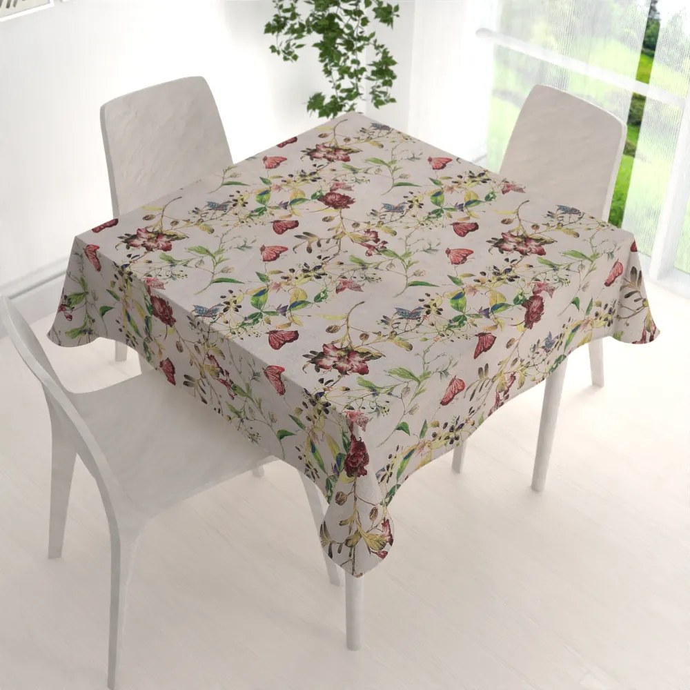 Biante Dekoračný štvorcový obrus PML-083 Kvety a motýle na béžovom 120x120 cm