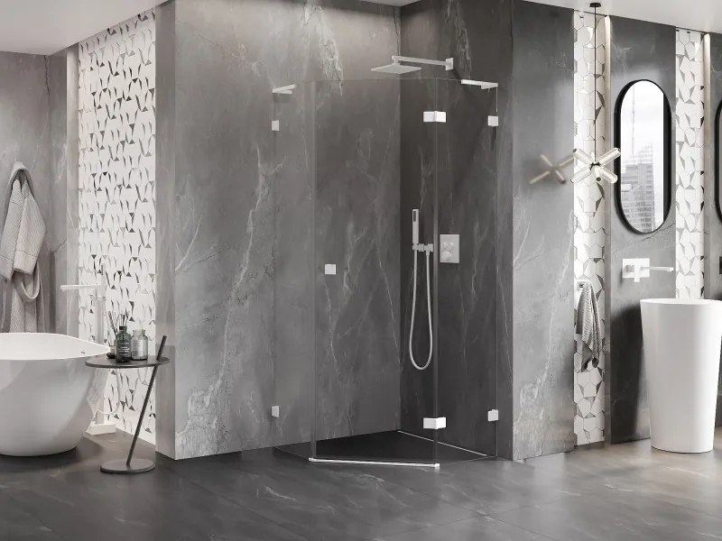 Mexen Lunar, L pravý výklopný päťuholníkový sprchový kút 80 x 80 cm, 8mm číre sklo, biely profil, 831L-080P-080L-20-00-P