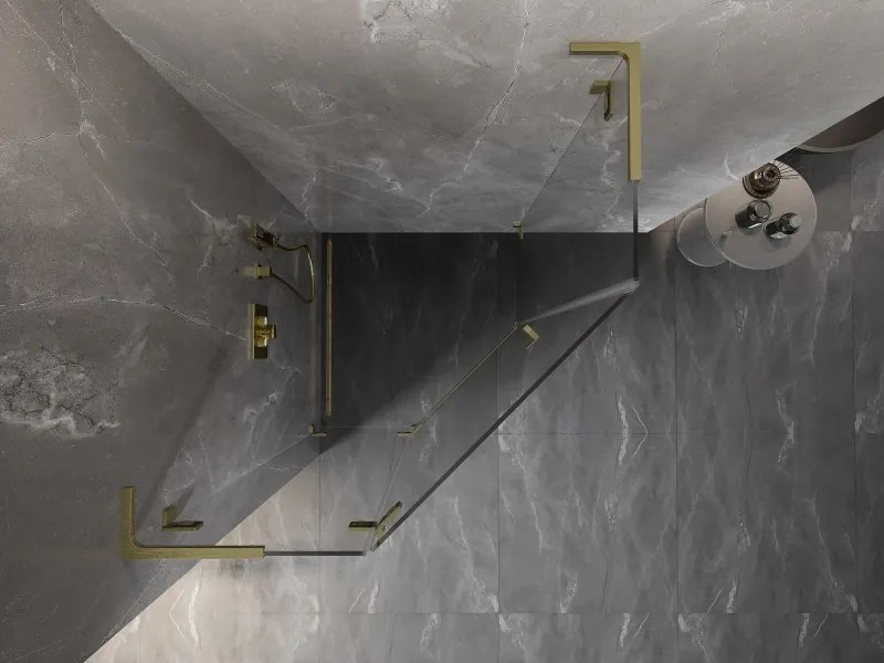 Mexen Lunar, L päťuholníkový sprchový kút naklápací doľava 100 x 100 cm, 8mm číre sklo, zlatý matný profil, 831L-100L-100P-55-00-L