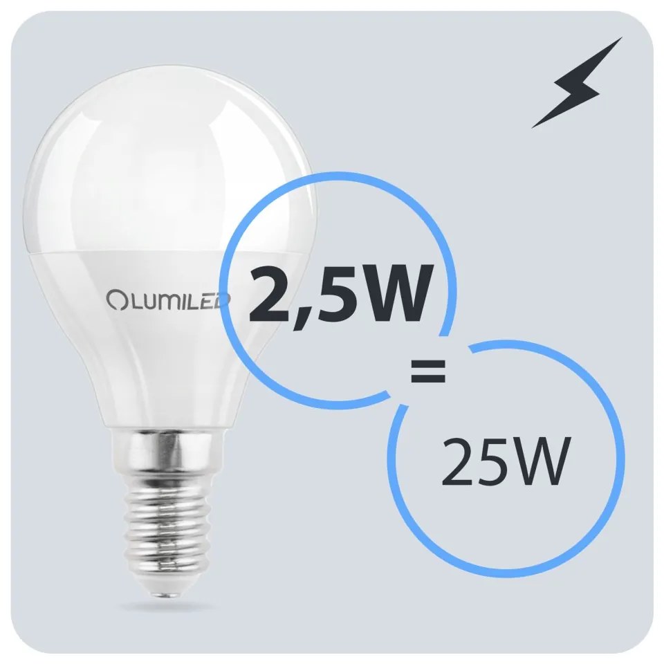 LED žiarovka E14 P40 2,5W = 25W 249lm 3000K Warm 180° LUMILED