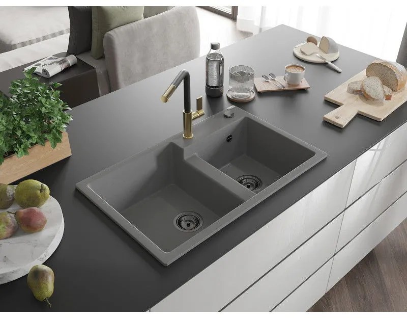 Mexen Tomas, 2-komorový granitový drez 800x500x190 mm a drezová batéria Flora, šedá, 6516-71-670401-57-B