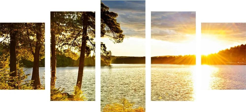 5-dielny obraz západ slnka nad jazerom - 100x50