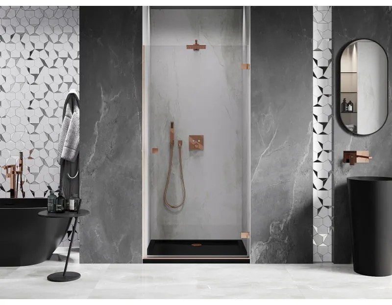 Mexen Lunar-B, Otočné pravé sprchové dvere 75 cm, 8mm číre sklo, medený matný profil, 832-075-000-65-00-P