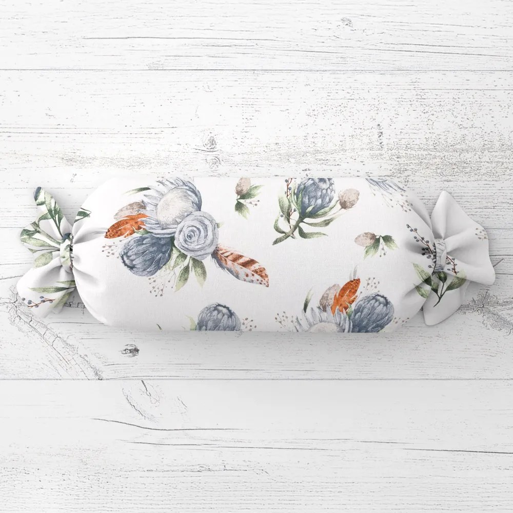 Biante Vankúš valec bonbon Sandra SA-707 Modré kvety Protea na bielom 15x40 cm