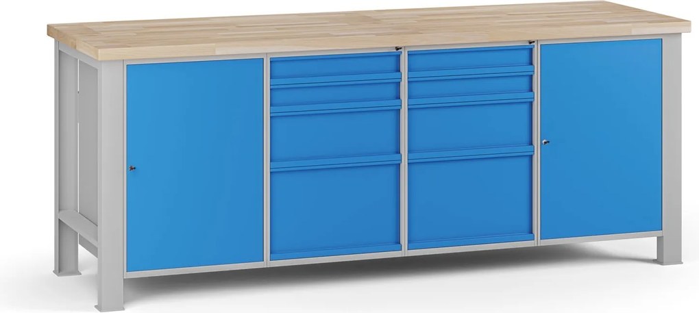 Dielenský pracovný stôl G7, buková škárovka, 2100 x 685 x 840 mm, 2x skrinka, 8 zásuviek, modrá