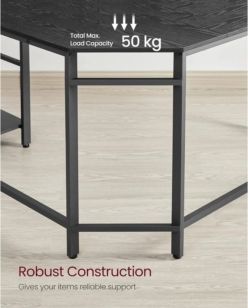 Písací stôl, rohový stôl v tvare L s 2 odkladacími policami, čierny