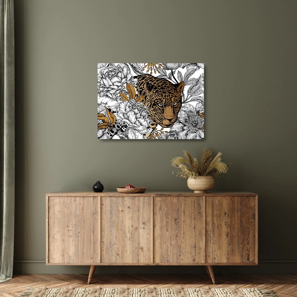 Sklenený obraz - Leopard medzi kvetmi (70x50 cm)